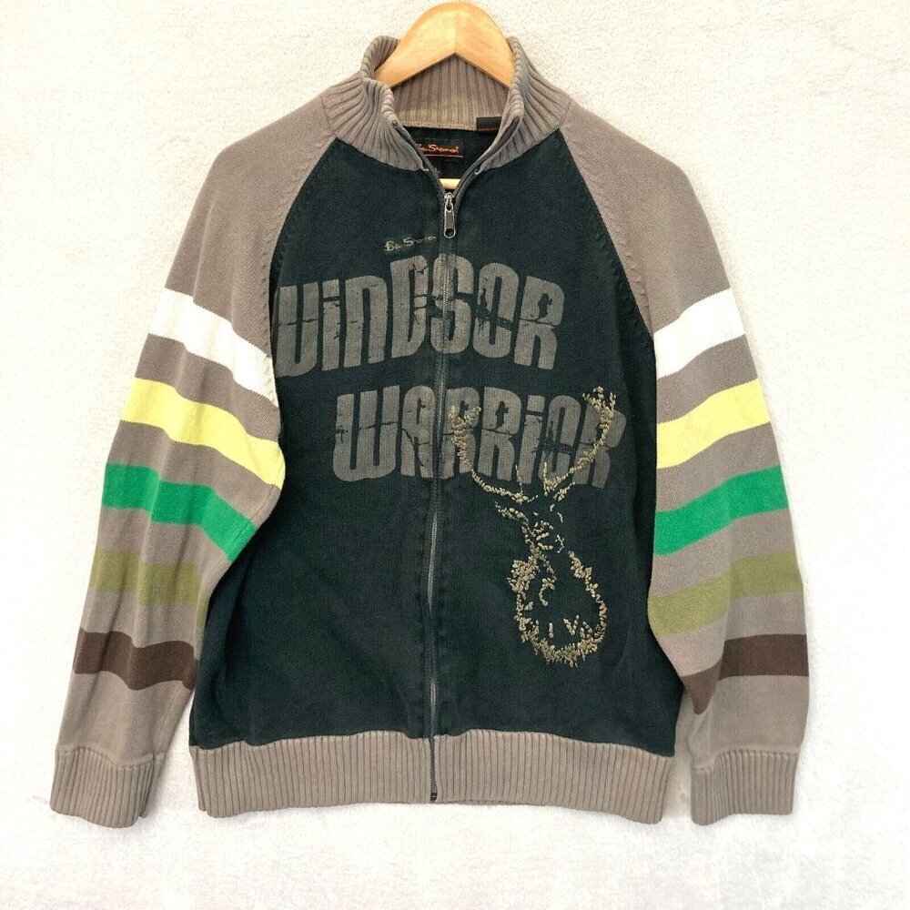 Ben Sherman Knit Cardigan Sweater Mens XXL (XL) Gray Stripe Zip Embroidered Deer